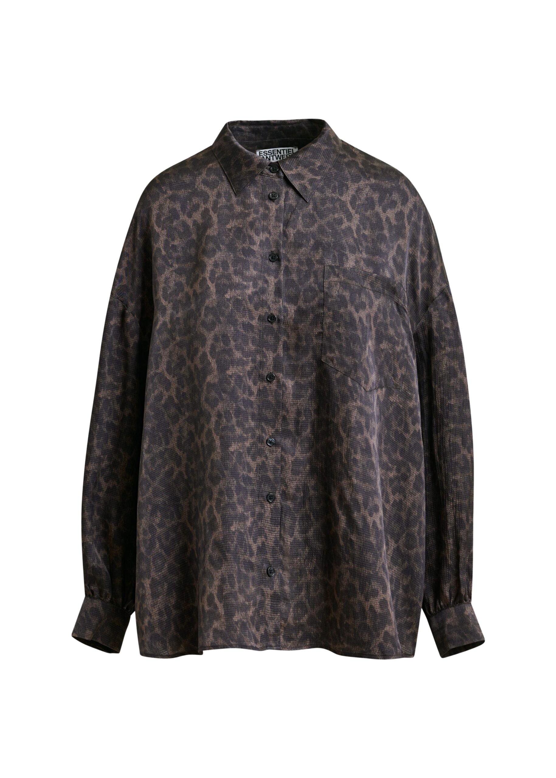 Essentiel Antwerp Brown and black ruffle-trimmed oversized leopardprint shirt - Essentiel Antwerp Shirts - Colorful Belgian Design - Shop at Coveti