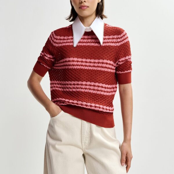 Essentiel Antwerp Brown and pink striped honeycomb knit polo with rhinestone-embellished detachable collar - Essentiel Antwerp Tops - Colorful Belgian Design - Shop at Coveti