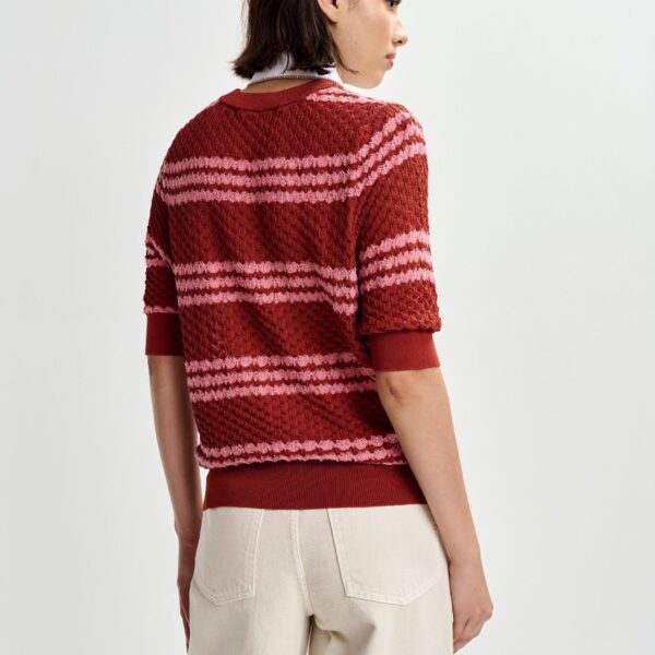 Essentiel Antwerp Brown and pink striped honeycomb knit polo with rhinestone-embellished detachable collar - Essentiel Antwerp Tops - Colorful Belgian Design - Shop at Coveti