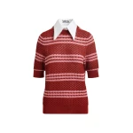 Essentiel Antwerp Brown and pink striped honeycomb knit polo with rhinestone-embellished detachable collar - Essentiel Antwerp Tops - Colorful Belgian Design - Shop at Coveti