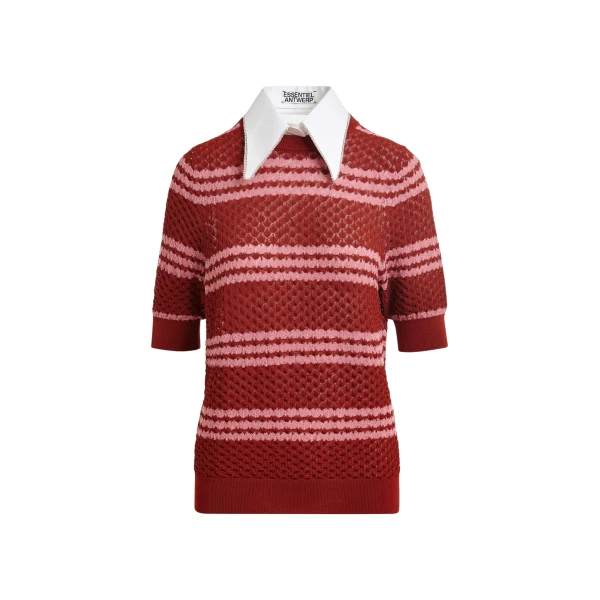 Essentiel Antwerp Brown and pink striped honeycomb knit polo with rhinestone-embellished detachable collar - Essentiel Antwerp Tops - Colorful Belgian Design - Shop at Coveti