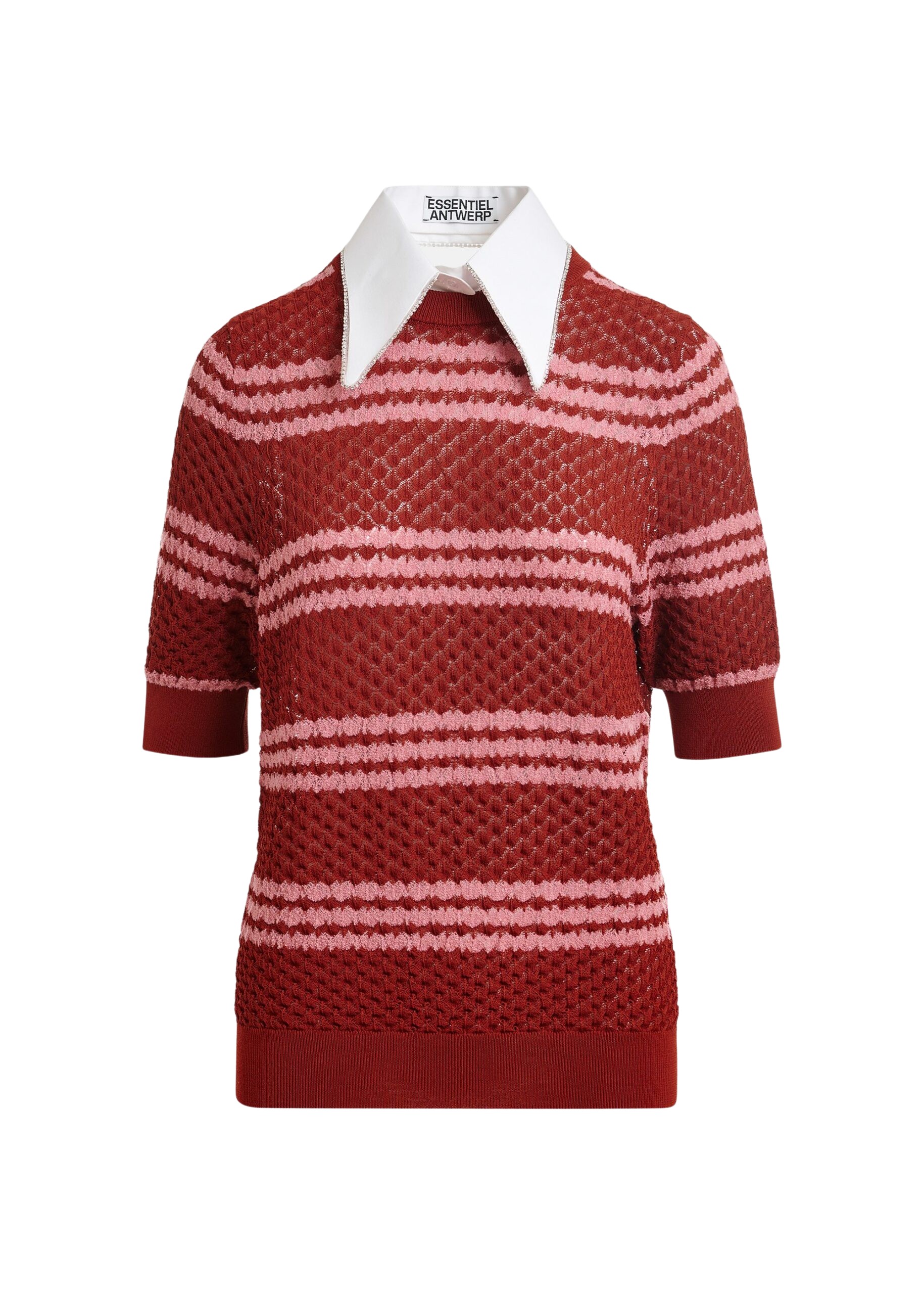 Essentiel Antwerp Brown and pink striped honeycomb knit polo with rhinestone-embellished detachable collar - Essentiel Antwerp Tops - Colorful Belgian Design - Shop at Coveti