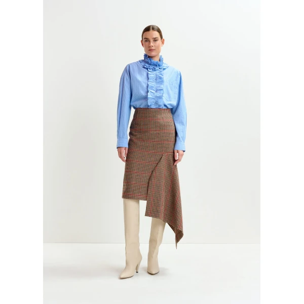 Essentiel Antwerp Brown, beige and red checked wool-blend draped midi pencil skirt, view 2