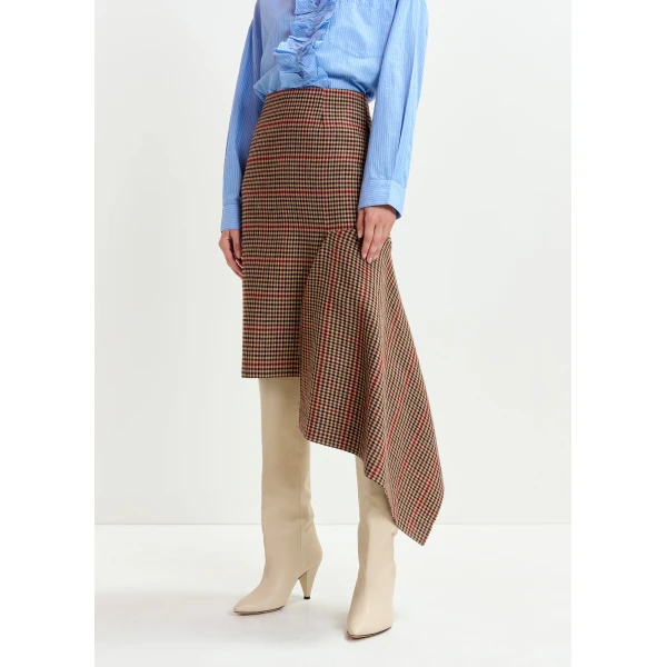 Essentiel Antwerp Brown, beige and red checked wool-blend draped midi pencil skirt, view 3