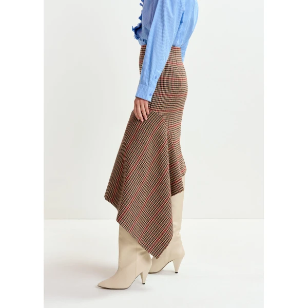Essentiel Antwerp Brown, beige and red checked wool-blend draped midi pencil skirt, view 4