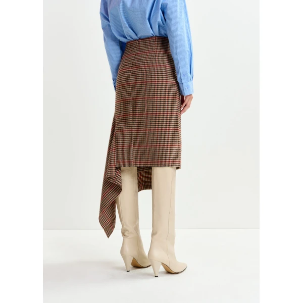 Essentiel Antwerp Brown, beige and red checked wool-blend draped midi pencil skirt, view 5