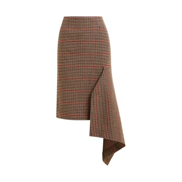 Essentiel Antwerp Brown, beige and red checked wool-blend draped midi pencil skirt