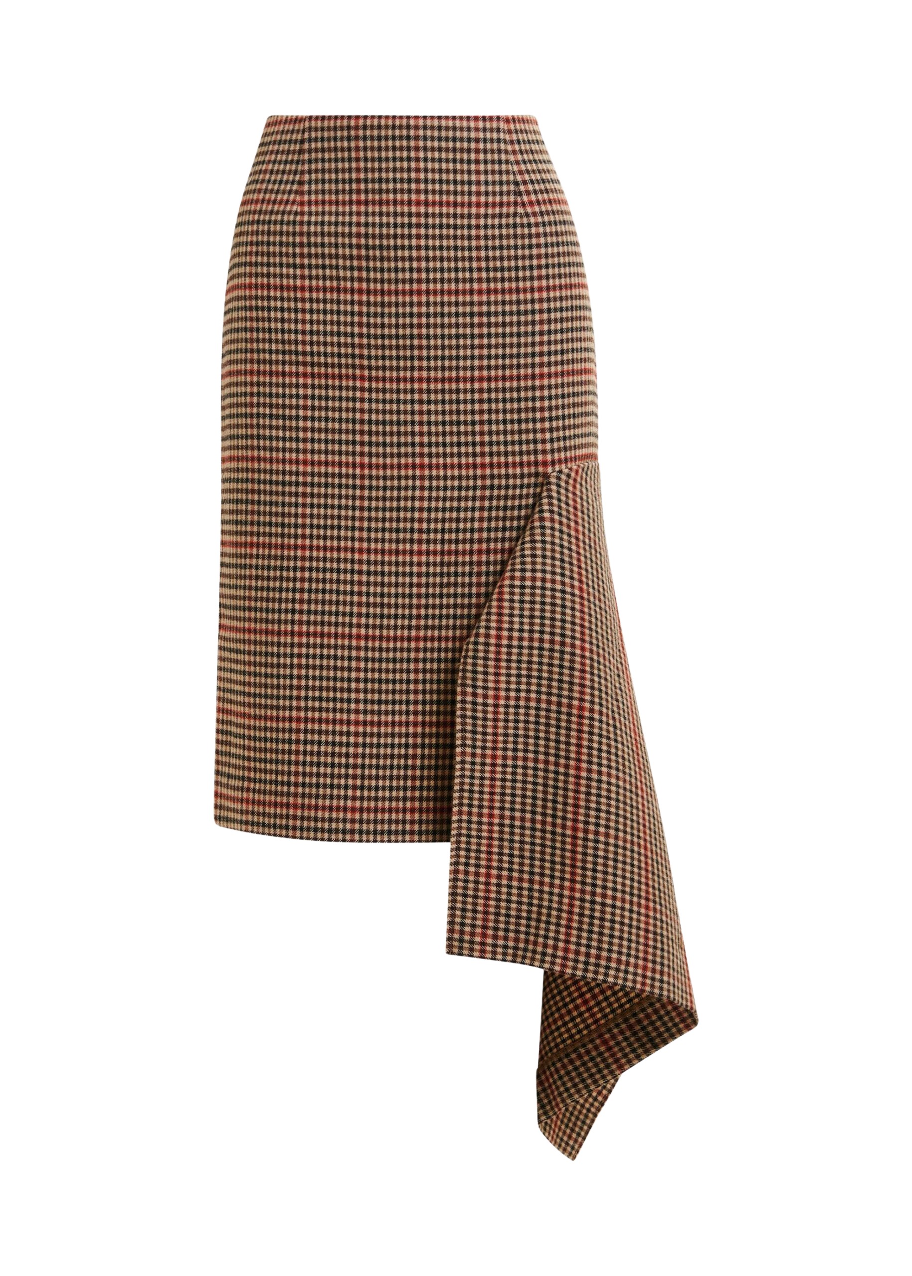 Essentiel Antwerp Brown, beige and red checked wool-blend draped midi pencil skirt