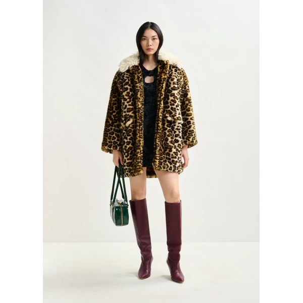 Essentiel Antwerp Brown, black and off-white leopard print faux fur coat with contrast collar, view 2
