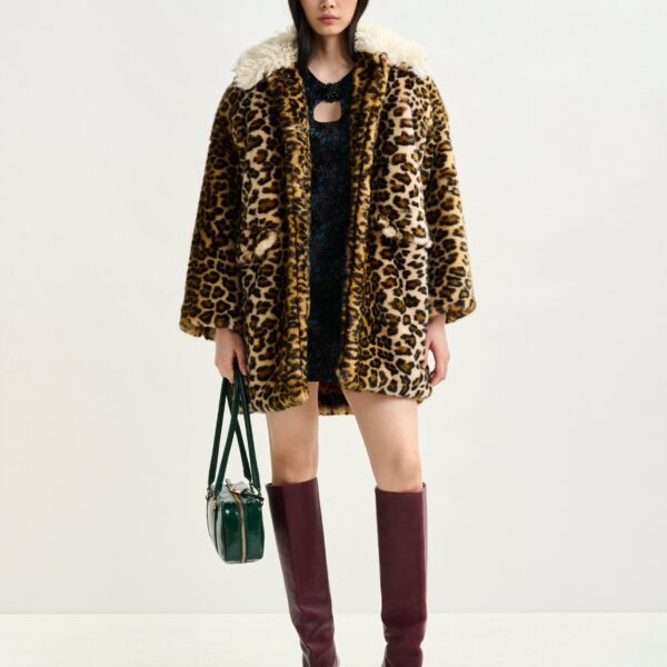 black and off-white leopard print faux fur coat with contrast collar - Essentiel Antwerp Coats - Colorful Belgian Design - Shop at Coveti