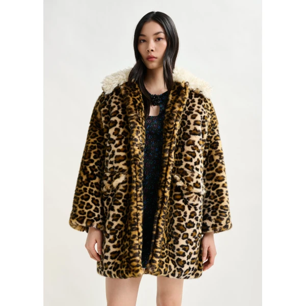 Essentiel Antwerp Brown, black and off-white leopard print faux fur coat with contrast collar, view 3