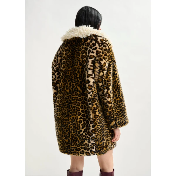 Essentiel Antwerp Brown, black and off-white leopard print faux fur coat with contrast collar, view 4