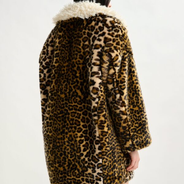 black and off-white leopard print faux fur coat with contrast collar - Essentiel Antwerp Coats - Colorful Belgian Design - Shop at Coveti