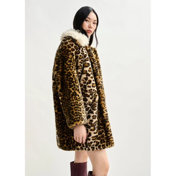 Essentiel Antwerp Brown, black and off-white leopard print faux fur coat with contrast collar, view 5