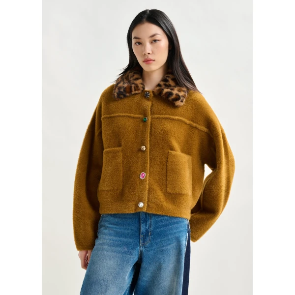 Essentiel Antwerp Brown cardigan with removable leopard faux fur collar, view 2