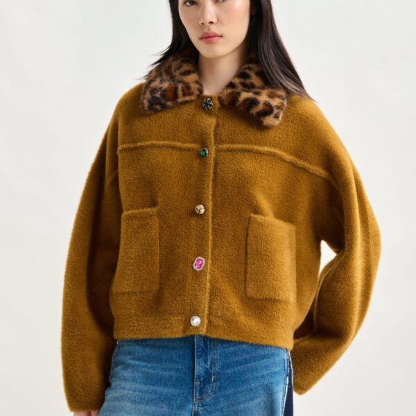 Essentiel Antwerp Brown cardigan with removable leopard faux fur collar - Essentiel Antwerp Knitwear - Colorful Belgian Design - Shop at Coveti