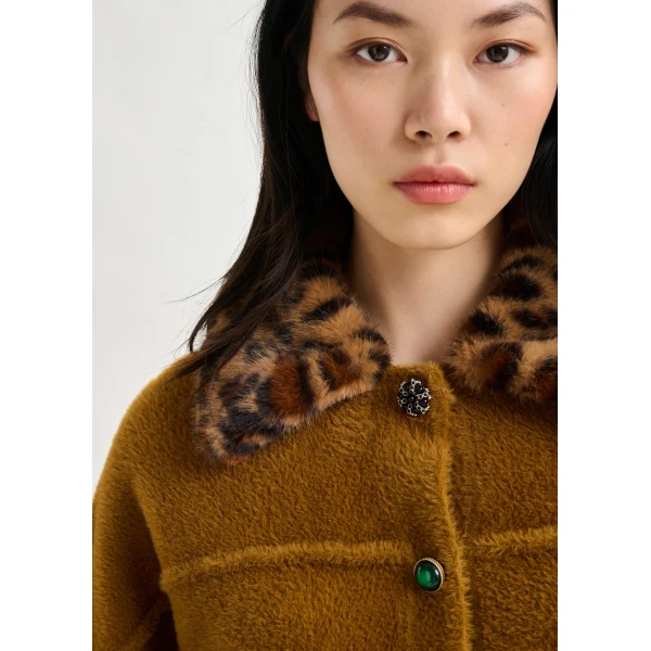 Essentiel Antwerp Brown cardigan with removable leopard faux fur collar, view 3