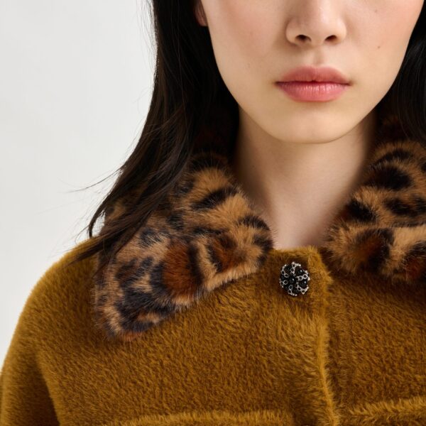Essentiel Antwerp Brown cardigan with removable leopard faux fur collar - Essentiel Antwerp Knitwear - Colorful Belgian Design - Shop at Coveti