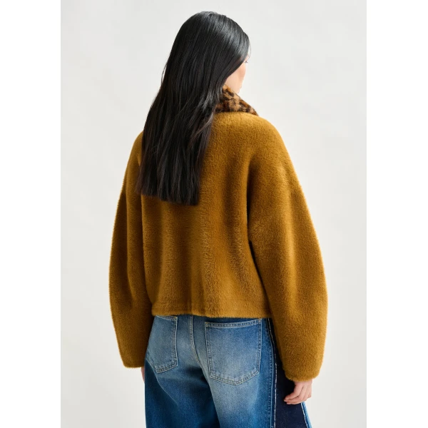 Essentiel Antwerp Brown cardigan with removable leopard faux fur collar, view 4