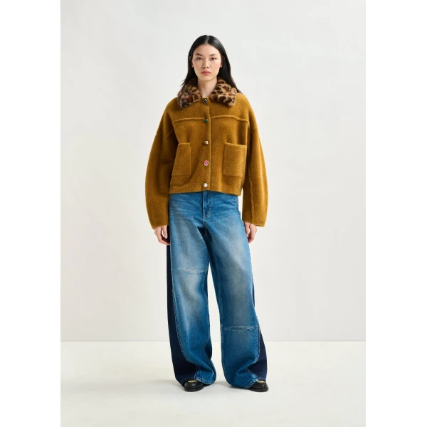 Essentiel Antwerp Brown cardigan with removable leopard faux fur collar, view 5