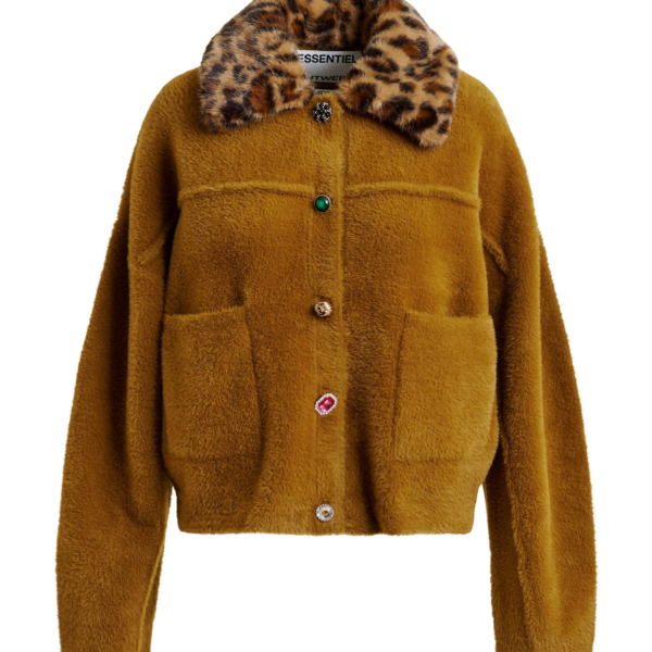 Essentiel Antwerp Brown cardigan with removable leopard faux fur collar - Essentiel Antwerp Knitwear - Colorful Belgian Design - Shop at Coveti