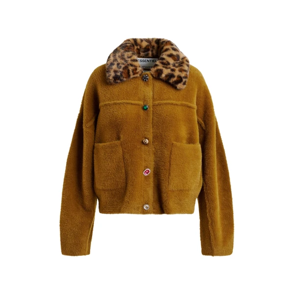 Essentiel Antwerp Brown cardigan with removable leopard faux fur collar - Essentiel Antwerp Knitwear - Colorful Belgian Design - Shop at Coveti