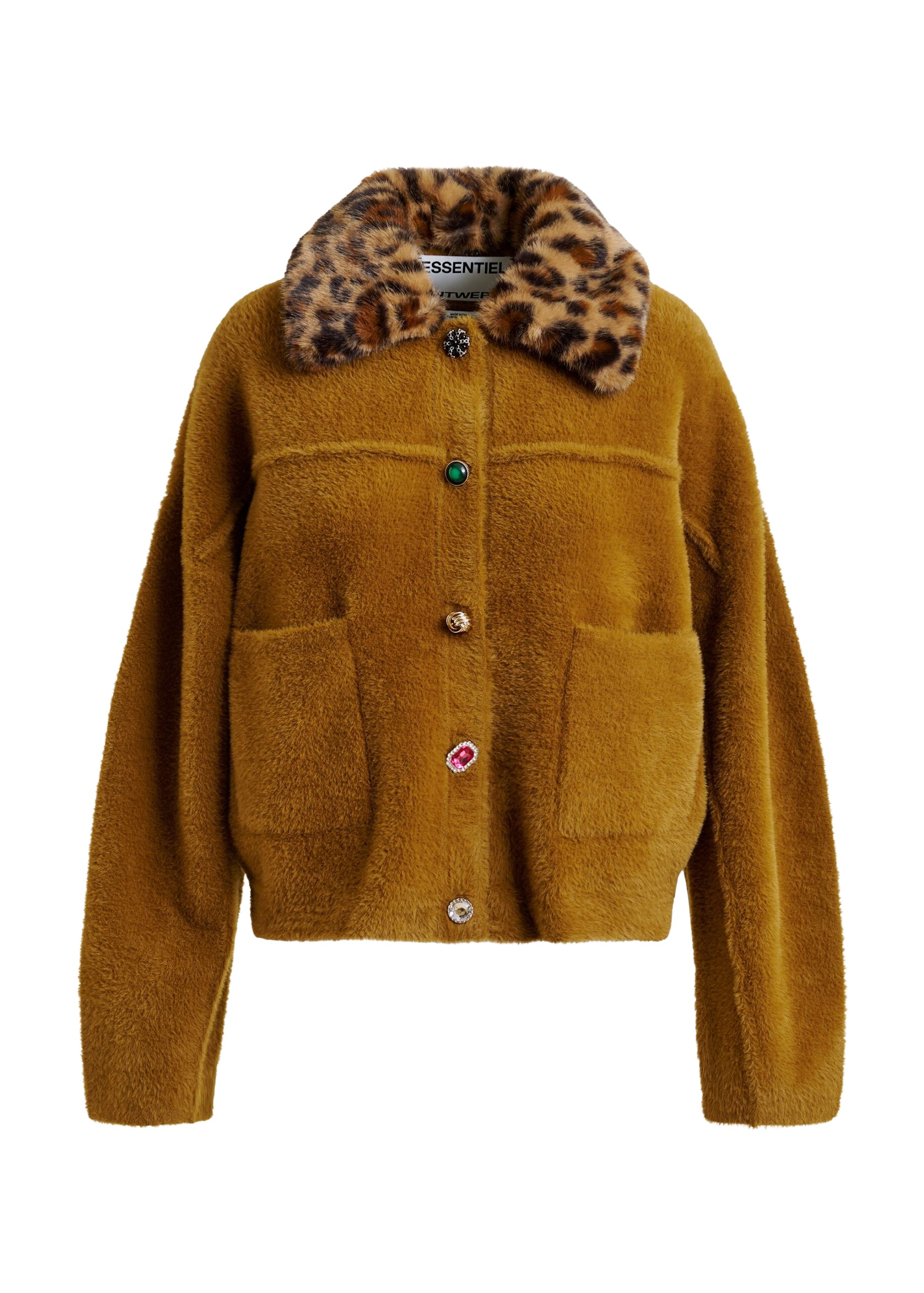 Essentiel Antwerp Brown cardigan with removable leopard faux fur collar - Essentiel Antwerp Knitwear - Colorful Belgian Design - Shop at Coveti