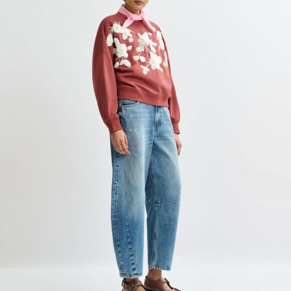 Essentiel Antwerp Brown cotton sweatshirt with off-white floral sequin and bead-embellished embroidery - Essentiel Antwerp Shirts - Colorful Belgian Design - Shop at Coveti
