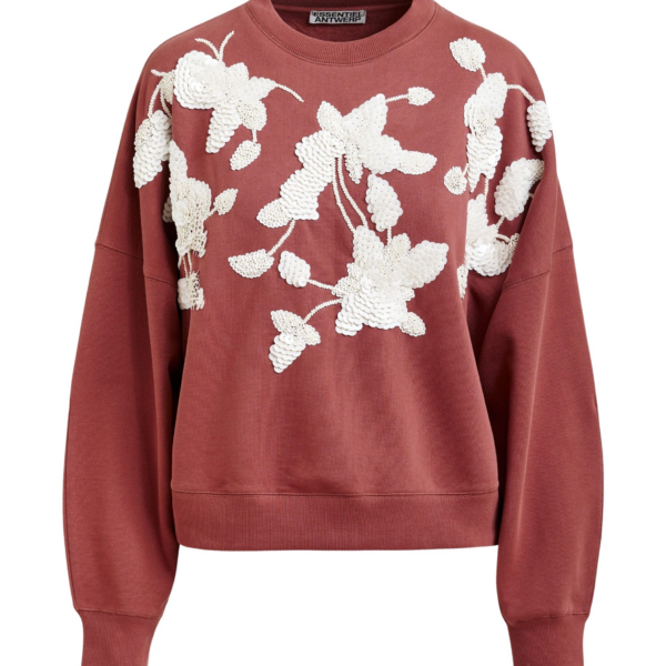 Essentiel Antwerp Brown cotton sweatshirt with off-white floral sequin and bead-embellished embroidery - Essentiel Antwerp Shirts - Colorful Belgian Design - Shop at Coveti
