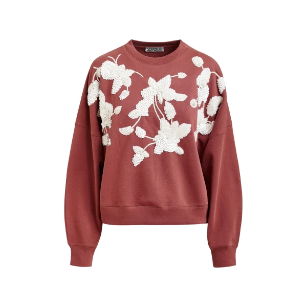 Essentiel Antwerp Brown cotton sweatshirt with off-white floral sequin and bead-embellished embroidery - Essentiel Antwerp Shirts - Colorful Belgian Design - Shop at Coveti