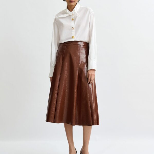 Essentiel Antwerp Brown faux leather midi skirt - Essentiel Antwerp Skirts - Colorful Belgian Design - Shop at Coveti