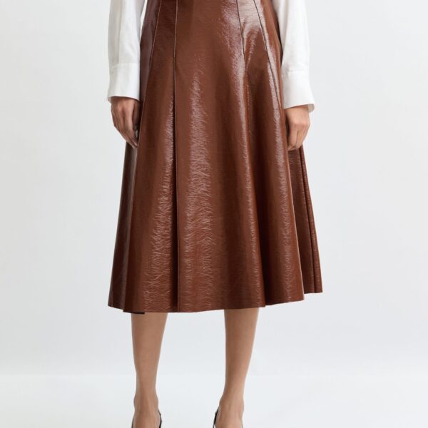 Essentiel Antwerp Brown faux leather midi skirt - Essentiel Antwerp Skirts - Colorful Belgian Design - Shop at Coveti