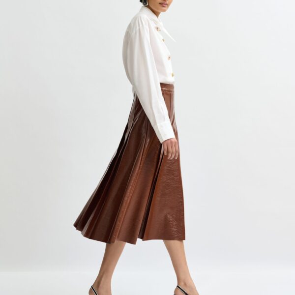 Essentiel Antwerp Brown faux leather midi skirt - Essentiel Antwerp Skirts - Colorful Belgian Design - Shop at Coveti