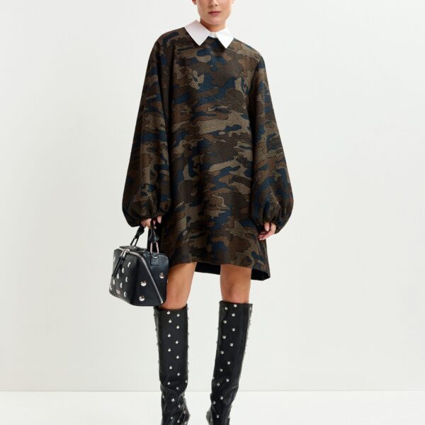 khaki and black camouflage A-line mini dress with removable collar - Essentiel Antwerp Dresses - Colorful Belgian Design - Shop at Coveti
