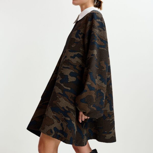 khaki and black camouflage A-line mini dress with removable collar - Essentiel Antwerp Dresses - Colorful Belgian Design - Shop at Coveti