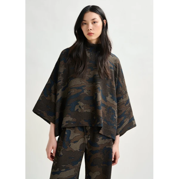 Essentiel Antwerp Brown, khaki and black oversized top with stand-up collar, view 2