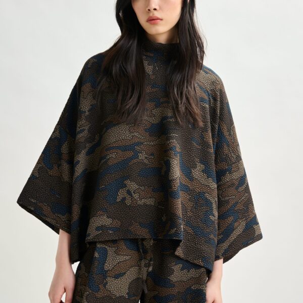 khaki and black oversized top with stand-up collar - Essentiel Antwerp Tops - Colorful Belgian Design - Shop at Coveti