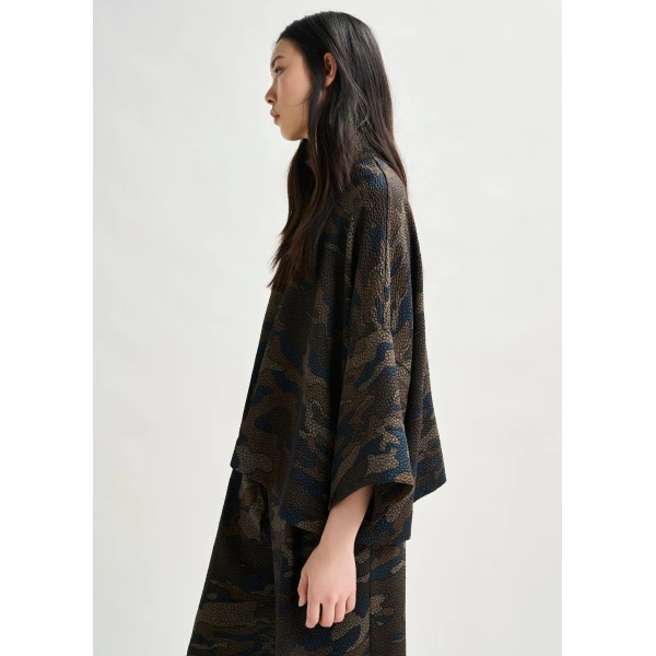 Essentiel Antwerp Brown, khaki and black oversized top with stand-up collar, view 3