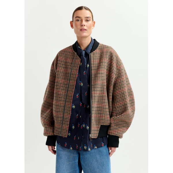 Essentiel Antwerp Brown, red and black checked wool bomber jacket, view 2