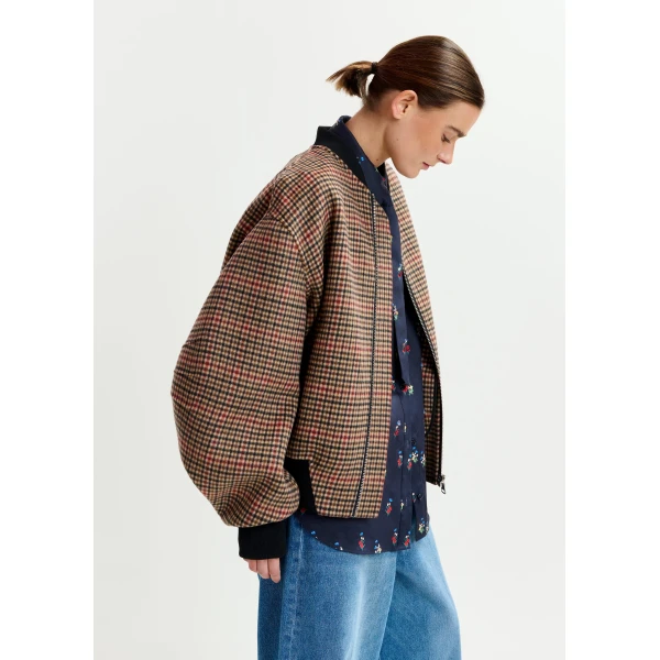 Essentiel Antwerp Brown, red and black checked wool bomber jacket, view 3