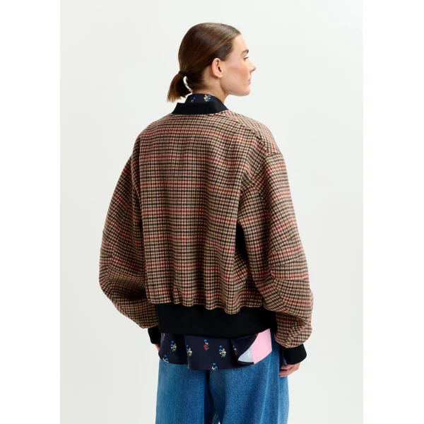 Essentiel Antwerp Brown, red and black checked wool bomber jacket, view 4