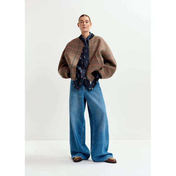 Essentiel Antwerp Brown, red and black checked wool bomber jacket, view 5