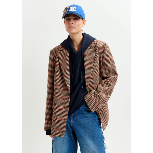 Essentiel Antwerp Brown, red and black checkered single-breasted blazer, view 2