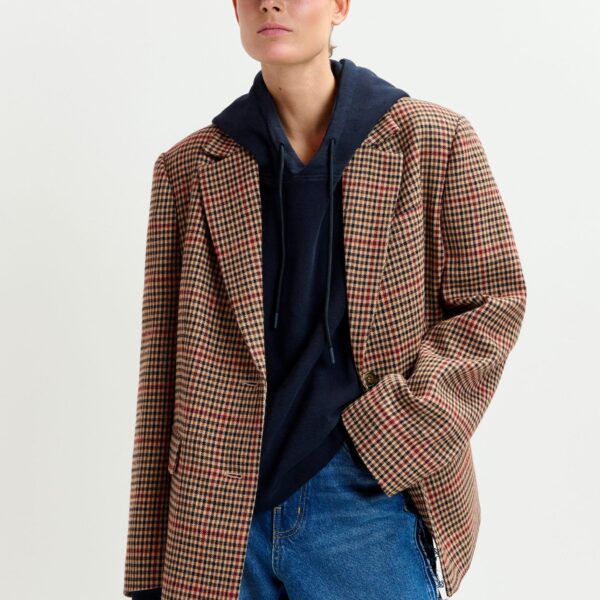 red and black checkered single-breasted blazer - Essentiel Antwerp Jackets - Colorful Belgian Design - Shop at Coveti