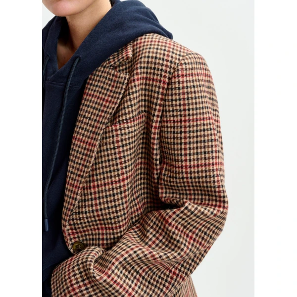 Essentiel Antwerp Brown, red and black checkered single-breasted blazer, view 3