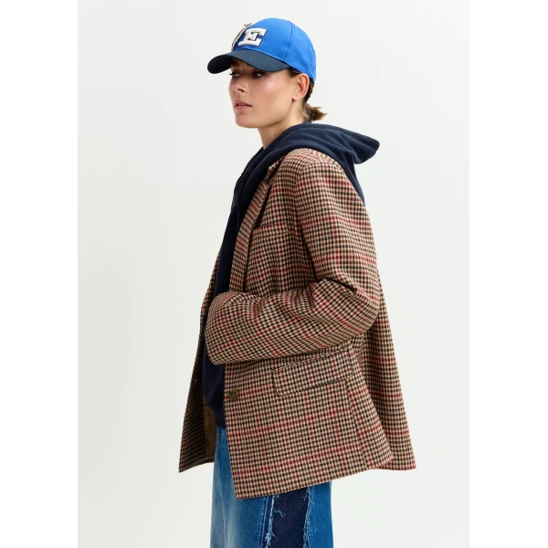 Essentiel Antwerp Brown, red and black checkered single-breasted blazer, view 4