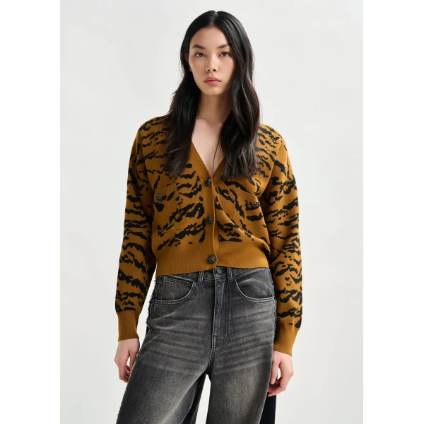 Essentiel Antwerp Brown tiger-print cardigan with rhinestone encrushed buttons, view 2