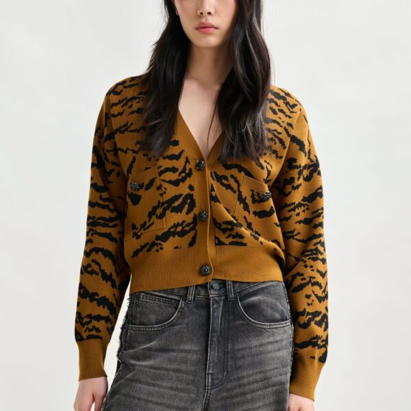 Essentiel Antwerp Brown tiger-print cardigan with rhinestone encrushed buttons - Essentiel Antwerp Knitwear - Colorful Belgian Design - Shop at Coveti