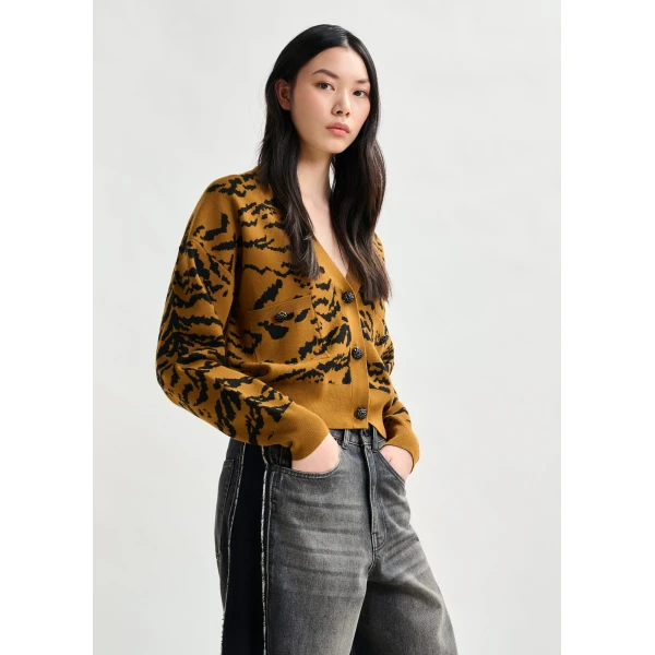 Essentiel Antwerp Brown tiger-print cardigan with rhinestone encrushed buttons, view 3