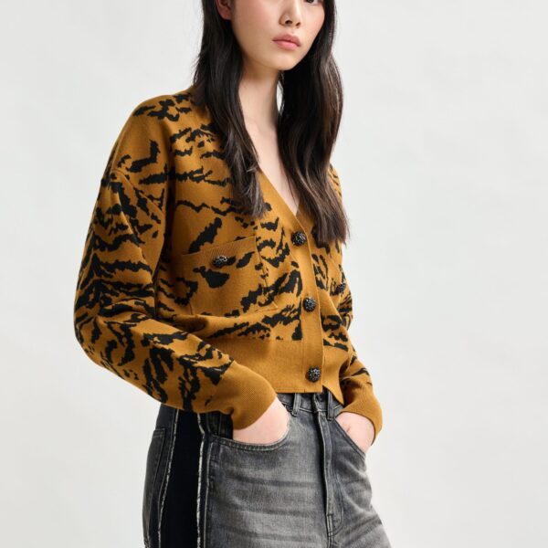 Essentiel Antwerp Brown tiger-print cardigan with rhinestone encrushed buttons - Essentiel Antwerp Knitwear - Colorful Belgian Design - Shop at Coveti